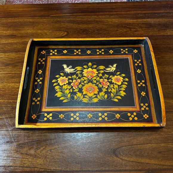 Vintage Handmade Floral Painted Wooden Drink Serving Tray Black Wood 13.5" x 18"